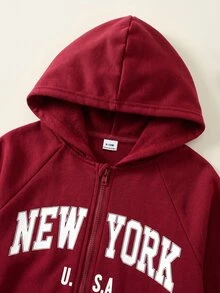 SHEIN 男童休閒可愛字母印花連帽冬季衛衣連身衣 - 酒紅色 - 查看 5
