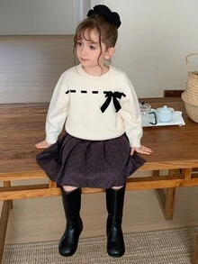 Hapijoa Young Girl Fall Clothes Young Girl) Round Neck Bow Decor Sweater - Apricot - View 1
