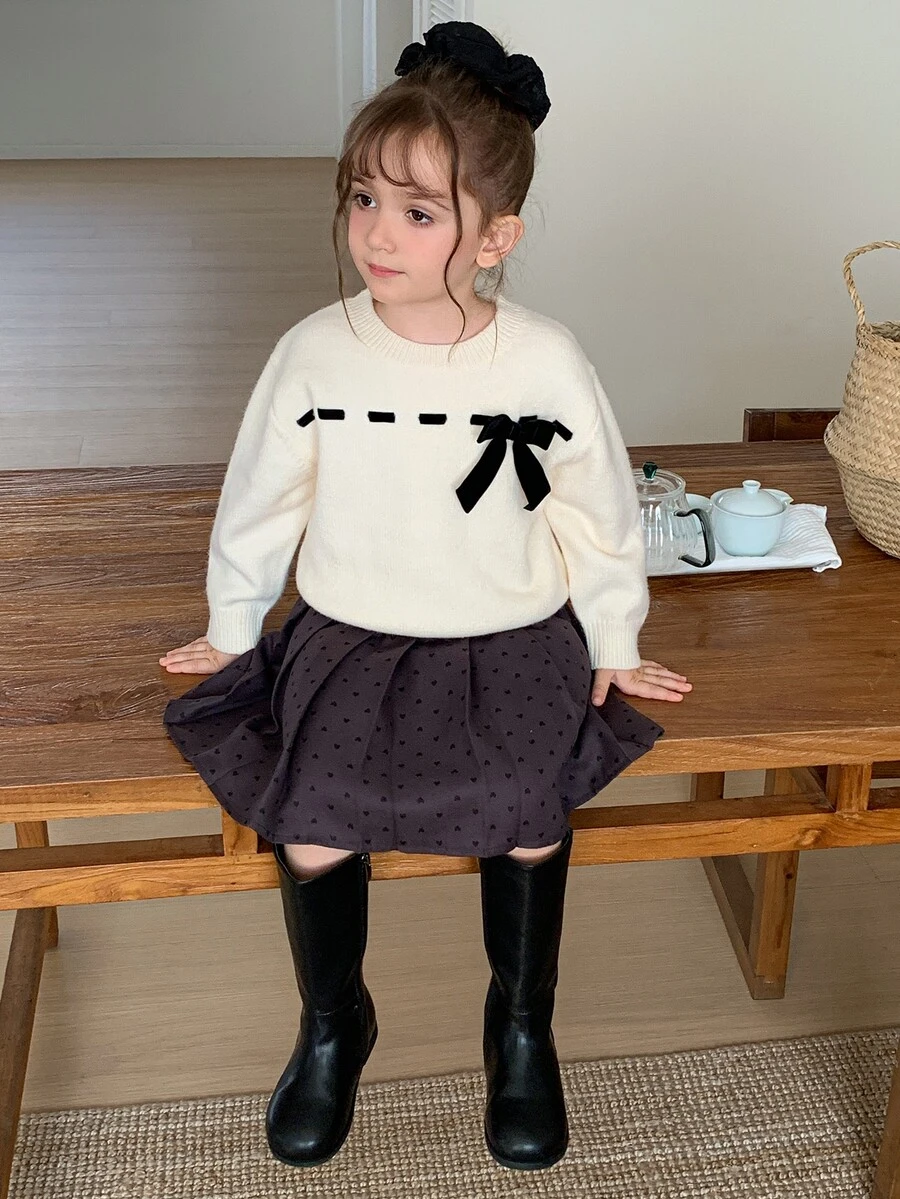 Hapijoa Young Girl Fall Clothes Young Girl) Round Neck Bow Decor Sweater - Apricot - View 1