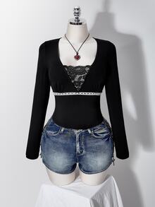 SHEIN ICON Plus Size Y2K Lace Patchwork V-Neck Long Sleeve Inner Top - Black - View 3