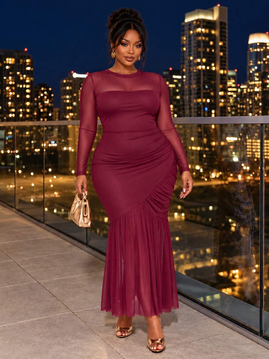 Poshavie Poshavie Plus Size Women's Elegant High-End Long Sleeve Dress, Fashion Patchwork Ruched Design, Comfortable Slimming Atmospheric Dress, Suitable For Party Wear - Burgundy - View 1
