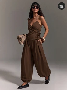 Athîral Women's Casual Halter Neck Cold Shoulder Solid Color Tie-Up Sleeveless Top And Balloon Pants 2 Pieces Set, Suitable For Daily Wear, Dating And Gatherings - Mocha Brown - View 1