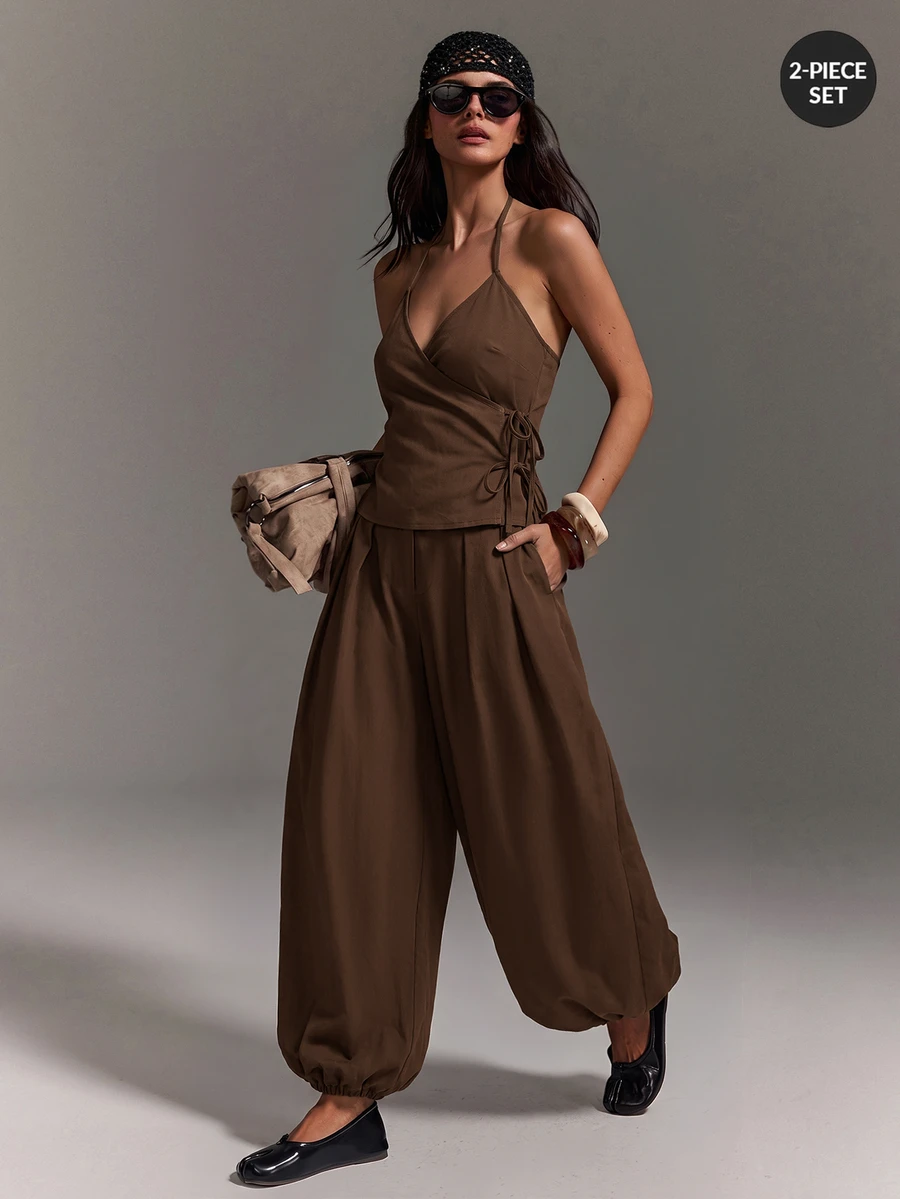 Athîral Women's Casual Halter Neck Cold Shoulder Solid Color Tie-Up Sleeveless Top And Balloon Pants 2 Pieces Set, Suitable For Daily Wear, Dating And Gatherings - Mocha Brown - View 1