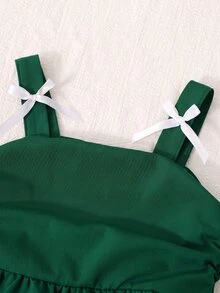 SHEIN 甜美可愛女孩夏季洋裝，3D蝴蝶結裝飾、細肩帶、收腰、燈籠下擺，休閒仙女公主風，聖誕 7 歲生日綠色 - 綠色 - 查看 4