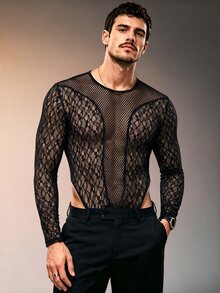 ZURIURI Jumpsuit thời trang nam phối ren xuyên thấu, lưới và lưới mắt cáo - màu đen - Xem 4