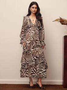 BELROSIE Gaun Panjang Wanita Elegan Berlapis-lapis Bahan Chiffon dengan Motif Zebra Digital Gaya Eropa dan Amerika untuk Musim Gugur/Dingin, Mode Baru, Serbaguna, Warna Kopi, Bahan Chiffon, dan Ruffle. - MultiWarna - View 4