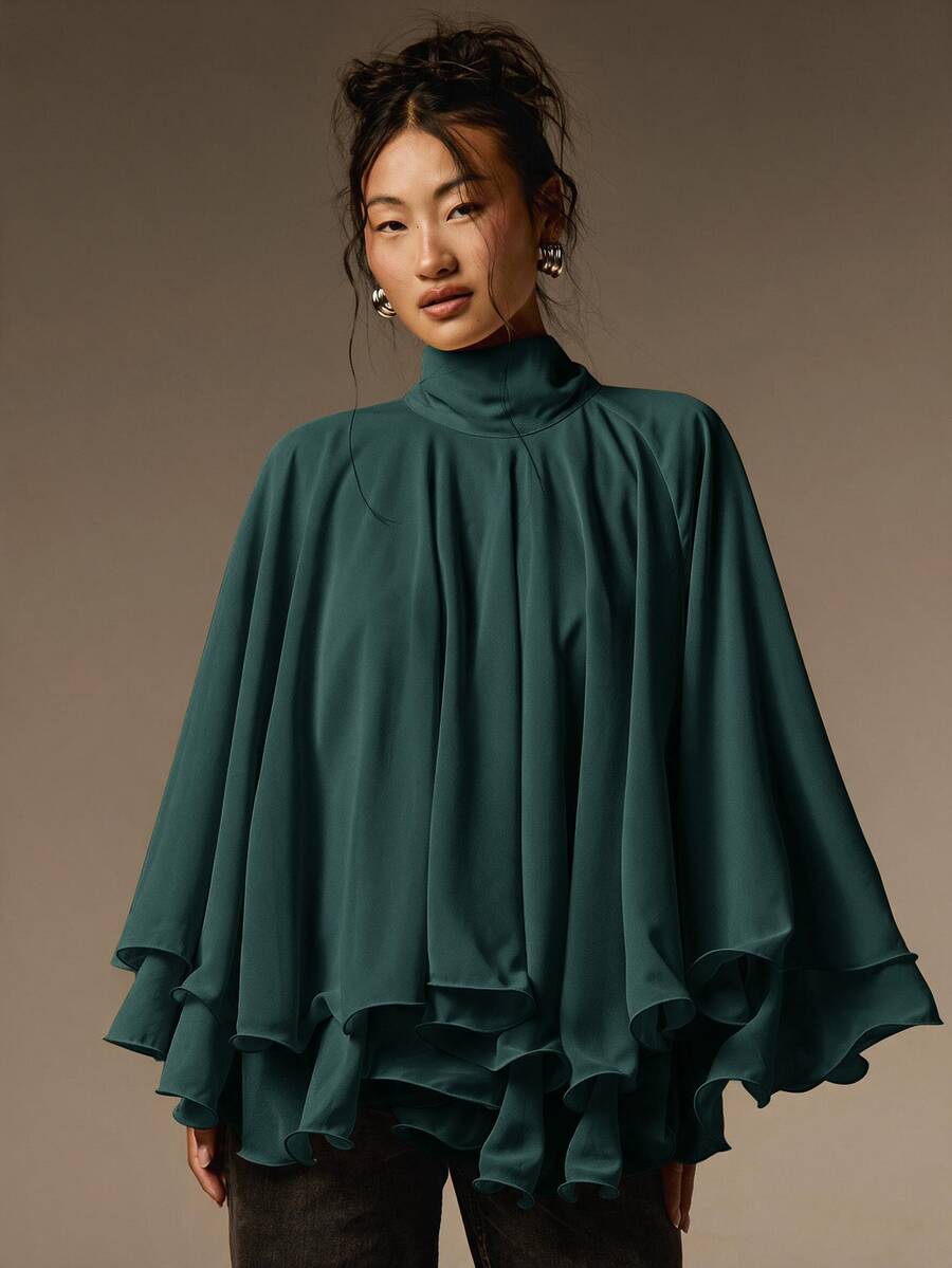 COSMINA 女款休閒法式優雅百褶雪紡上衣,適合約會、晚餐、茶會與教師節,奶油白色秋季外出上衣,荷葉邊上衣 - 墨綠色 - 查看 1