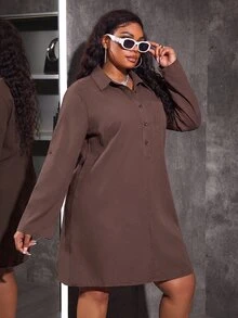 Slaydiva Plus Size Women's Solid Color Casual Daily Summer Denim Dress - Brown - View 5