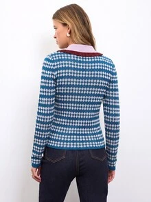 Nöista Women's Geometric Pattern Polo Collar Long Sleeve Casual Sweater - Blue - View 6