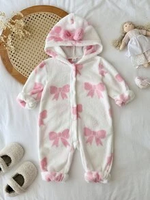 SHEIN Baby Girl Bow Print Long Sleeve Cute Hooded Romper - Pink - View 9