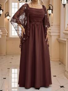 Fleurora Plus Contrast Sequin Ruched Mesh Overlay Dress - Coffee Brown - View 5