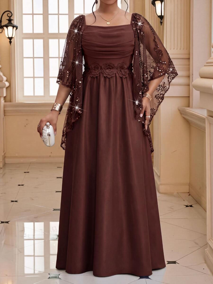 Fleurora Plus Contrast Sequin Ruched Mesh Overlay Dress - Coffee Brown - View 1