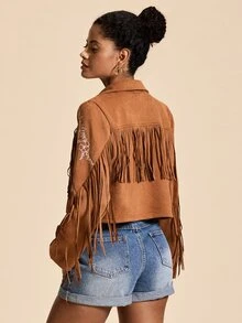 Travachic Women's Tassel Design Casual Versatile Long Sleeve Jacket - Khaki - View 2