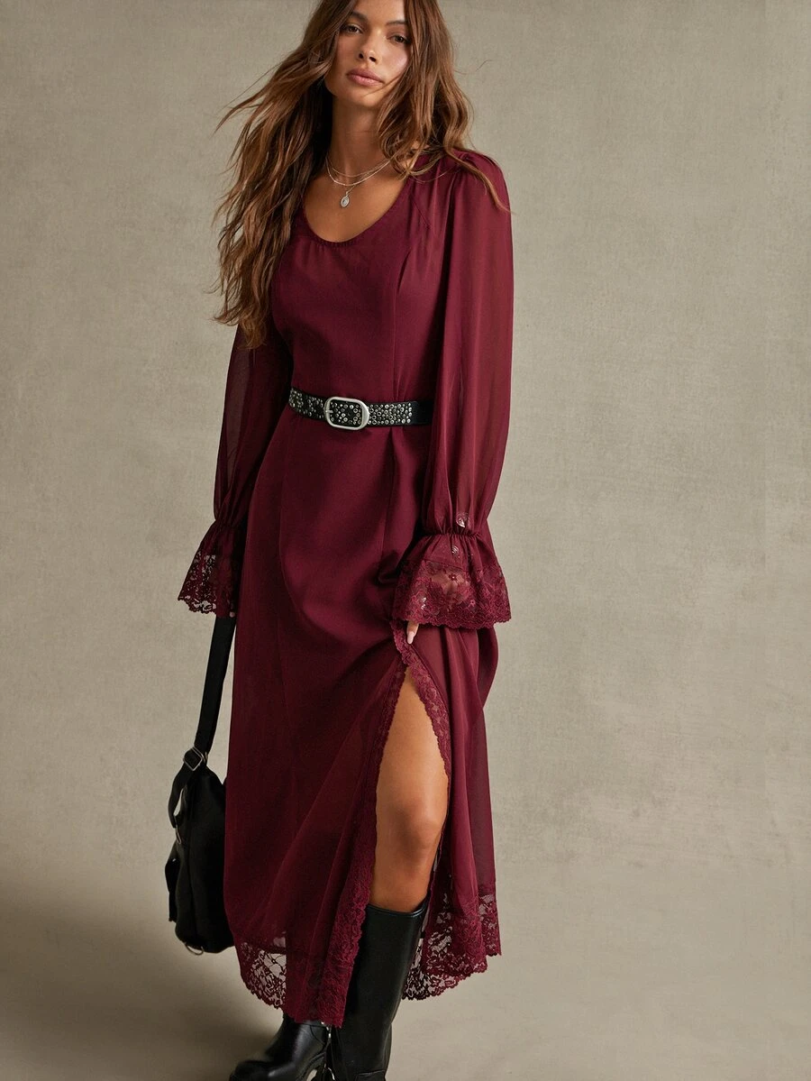 WESTFADE 2PCS Women Red Lace Ruffle Maxi Leg Slit Dresses, Fall, Autumn, Cowgirl, Western, Country Concert, Boho, Cute, Festival, Thanksgiving, Christmas - Red - View 1