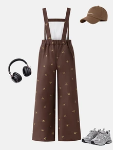 SHEIN 青少年女孩抓絨秋季服飾 秋冬/冬季 羅紋燈芯絨 可調式扣環鬆緊腰連身褲，適合秋冬穿著，日常穿搭 - 棕色 - 查看 2