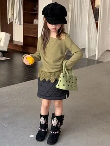 Dazy Kids Tween Girl Lace Patchwork Casual Daily Wear T-Shirt - Green - View 5