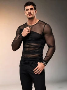 ZURIURI Men's Sexy See-Through Fishnet Mesh Dark Fashion Long Sleeve T-Shirt - Black - View 5
