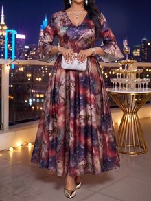 Fleurora 大尺碼女款 V 領花卉印花休閒派對洋裝 秋季 - 彩色 - 查看 3