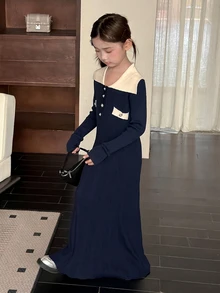 Dazy Kids فستان طويل بياقة متباينة الألوان للبنات المراهقات مع خصر مشدود، طبقة داخلية بسيطة، فستان صوف خريف/شتاء - أزرق بحري - مشاهدة 1