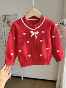 Baby Girl Embroidery Heart Pattern Bow Front Sweater - Red - View 1