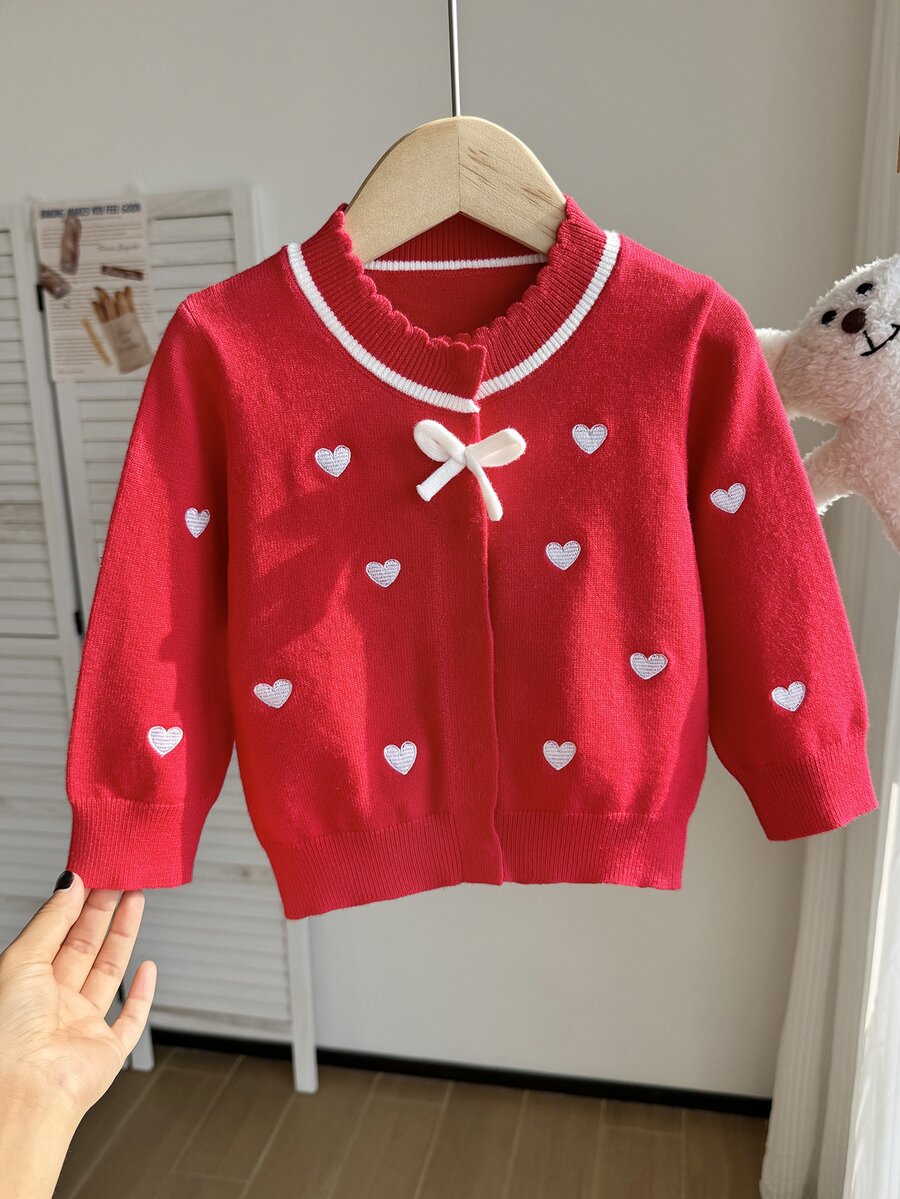Baby Girl Embroidery Heart Pattern Bow Front Sweater - Red - View 1