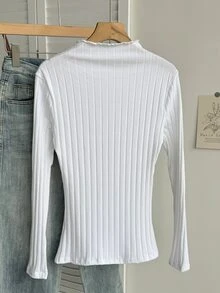 SHEIN Frenchy 92%棉女款羅紋圓領長袖休閒T恤，馬刺繡，老錢風，條紋基礎修身款，白色保暖高領 - 白色 - 查看 8