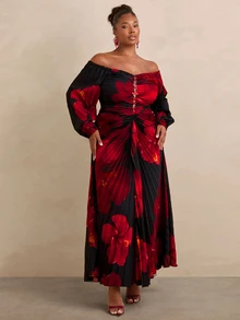 Travachic CURVE+ Red And Black Tie Dye One-Shoulder Long SleeveMaxi Dress, Pleated Ruched Body, Rhinestone Detail, Elegant Party Vacation Dress,Christmas Dress - Black - View 5