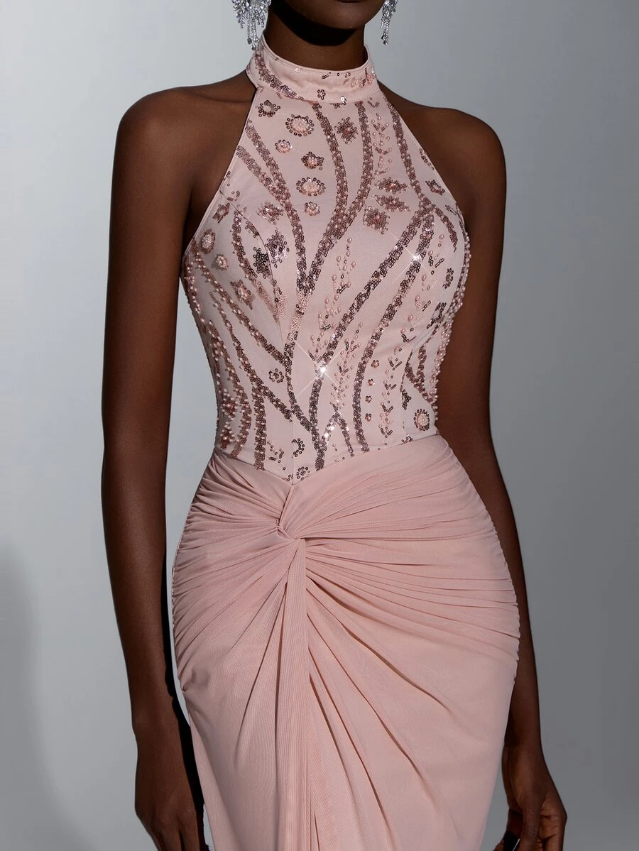 Elitara Elegant Dark Pink Sequin Patchwork Knit Stand Collar Backless Ruched Mermaid Skirt, Suitable For Wedding, Wedding Party, Vacation, Date, Party, Wedding Event, Formal Occasion, Evening Dress - Dusty Pink - View 1