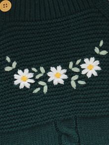 SHEIN 1件女嬰連身褲，深紅色，秋季，可愛，家庭套裝刺繡針織連身褲，帶荷葉邊肩帶，長袖聖誕女嬰套裝 - 墨綠色 - 查看 6