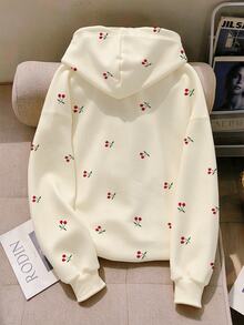 Resyla Apricot Cherry Print Hoodie - Loose And Casual, Youthful Spring And Autumn Pullover Sweatshirt - Apricot - View 2