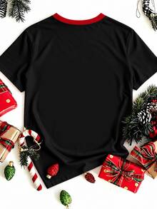 Manfinity Homme Men's Christmas Creative Print Short Sleeve T-Shirt, Fun Letter Pattern, Red & Black Contrast Color Crew Neck, European & American Street Casual Style, Holiday Party & Daily Versatile Top - Black - View 2
