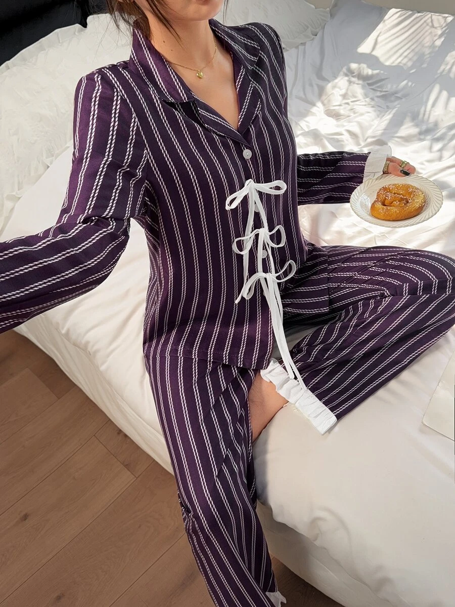 Napfluff Striped Print Knot Front PJ Set - Purple - View 1