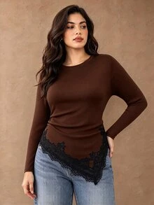 Juhart Plus Size Autumn/Winter Casual Elegant Round Neck Asymmetrical Ruffle Hem Long Sleeve T-Shirt - Coffee Brown - View 4