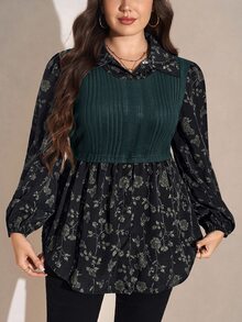 SHEIN LUNE 大尺碼女款休閒花卉拼接上衣 感恩節 新年 冬季狂歡 秋季 - 棕色 - 查看 4