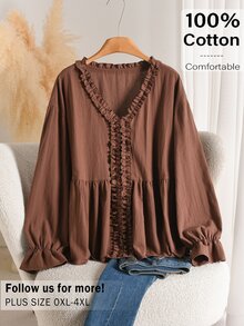 CosyJoli Plus Size Solid Frill Trim Flounce Sleeve Babydoll Blouse - Brown - View 3