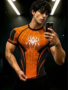 GymBeat Men's Spider Print Raglan Short Sleeve Sports Athletic Athleisure T-Shirt Halloween Workout Gym Black Summer - Multicolor - View 3