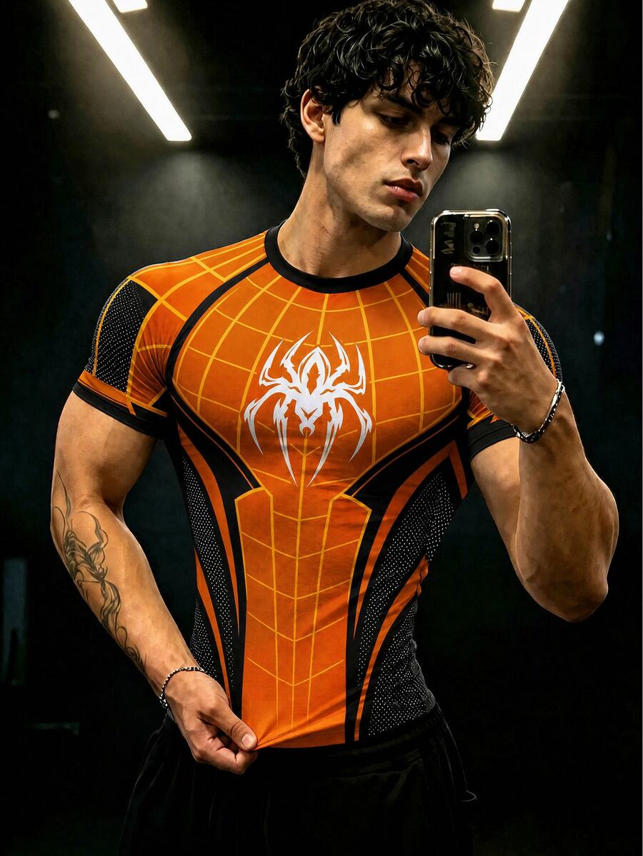 GymBeat Áo thun thể thao nam tay ngắn raglan in hình nhện, phong cách athleisure, màu đen, cho tập gym, tập luyện, Halloween, mùa hè - Nhiều màu - Xem 1