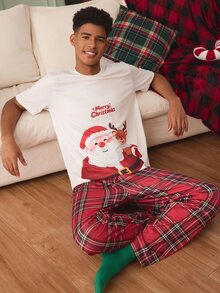 Chillnights Couples Cute Cow Cartoon Print Men's Loungewear Set - Red and White - View 3