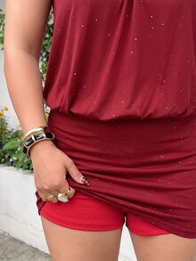SHEIN EZwear 聖誕派對露肩洋裝 - 酒紅色 - 查看 3