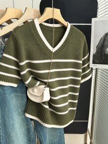 SHEIN 新款春夏韓式簡約休閒寬鬆條紋拼色女款針織上衣 - 軍綠色 - 查看 4