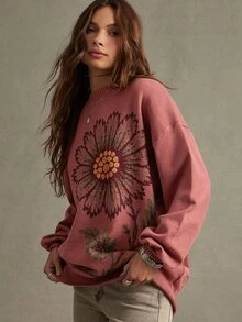 WESTFADE Oversized Long Sleeve Floral Knit Sweater, Fall, Autumn Clothes, Winter Outfit, Cowgirl, Western, Country Concert, Boho, Cute, Festival, Thanksgiving - Red - View 3