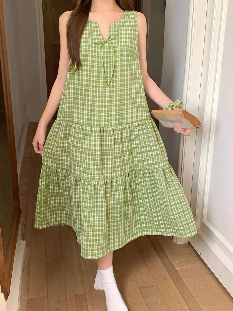DAZY Women's Plaid Print Notched Collar Ruffle Hem Sleeveless Casual Dress Summer Pajamas - Green - View 1
