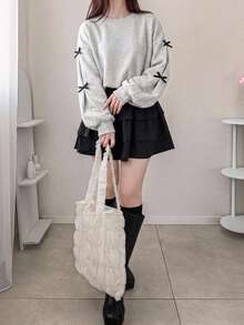 DAZY 對比色蝴蝶結裝飾圓領寬鬆女款衛衣 秋冬連帽衫 - 灰色 - 查看 5