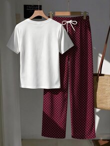 SHEIN EZwear 蝴蝶結圖案印花短袖上衣與抽繩腰長褲套裝 - 酒紅色 - 查看 2