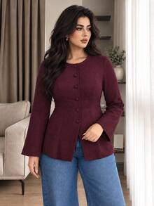 Solavon Plus Button Front Flounce Sleeve Blouse - Burgundy - View 7