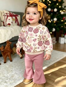 Baby Girl Autumn/Winter Cute Sweet Floral Butterfly Print Long Sleeve Crew Neck Sweatshirt And Flare Pants 2 Pieces Set, Cozy Fall & Winter Styles - Multicolor - View 1