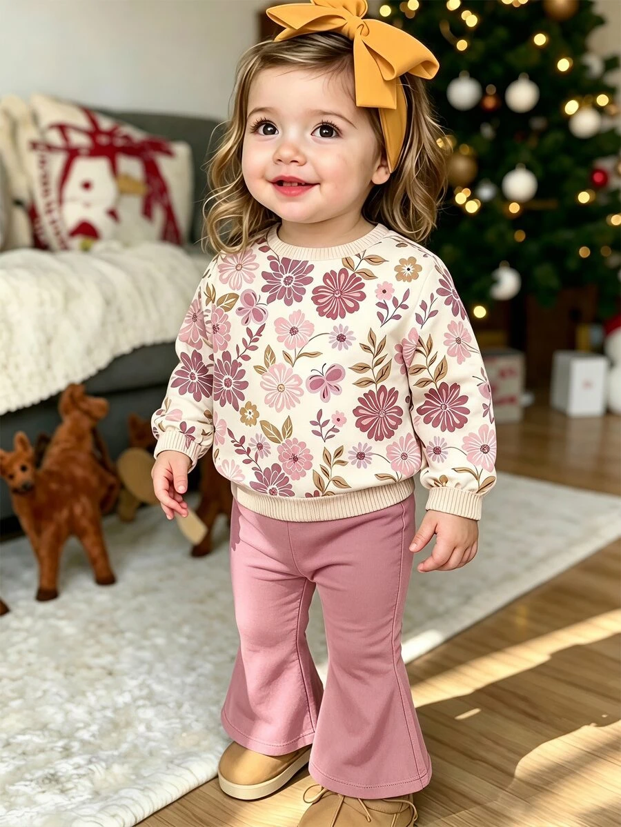 Baby Girl Autumn/Winter Cute Sweet Floral Butterfly Print Long Sleeve Crew Neck Sweatshirt And Flare Pants 2 Pieces Set, Cozy Fall & Winter Styles - Multicolor - View 1
