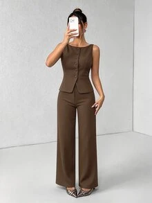 SHEIN PETITE 女款卡其色夏季優雅休閒辦公商務西裝，純色圓領單排扣背心與長褲兩件套穿搭，教師節 - 摩卡棕 - 查看 5