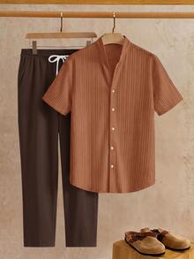 HIMLAND 2pcs/Set Men's Casual Woven Stand Collar Small V-Neck Short Sleeve Shirt Set - Multicolor - View 1