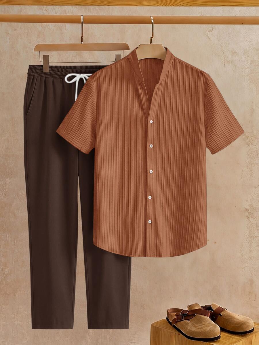 HIMLAND 2pcs/Set Men's Casual Woven Stand Collar Small V-Neck Short Sleeve Shirt Set - Multicolor - View 1